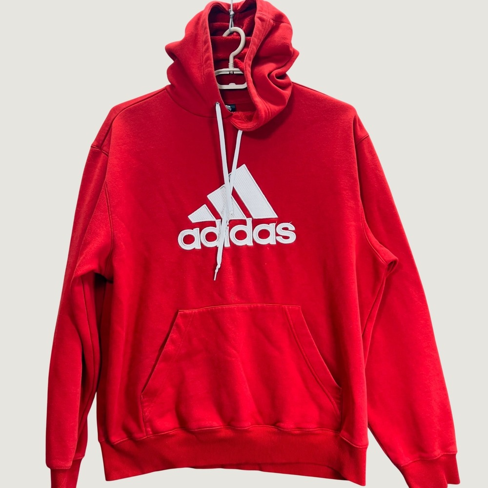 Adidas Mens XL Red Pullover Hoodie White Embroidered Logo Fleece Sweatshirt
